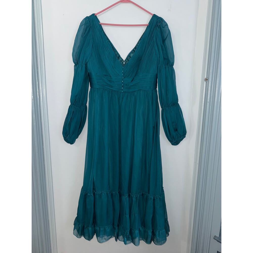 Mac Duggal Teal V-Neck Puff Sleeve Midi Dress - Picture 4 of 12